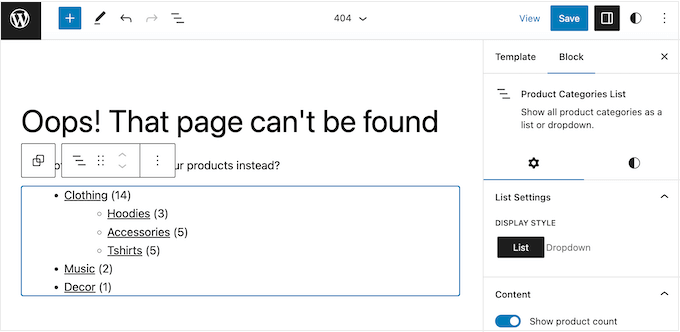 An example of product categories on a 404 page template