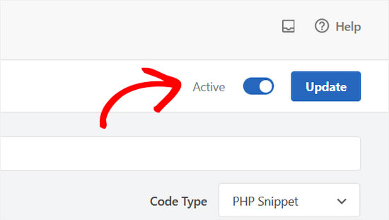 Switch the code snippet to Active and click Update in WPCode