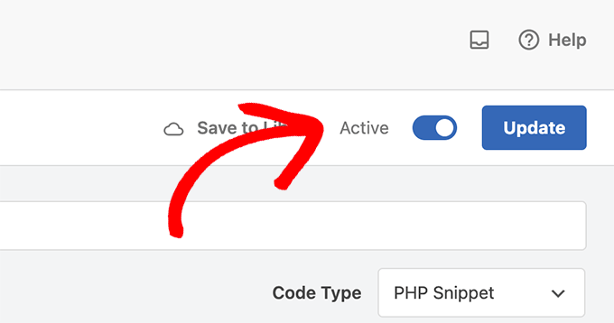 Switch the code snippet to Active and click Update in WPCode