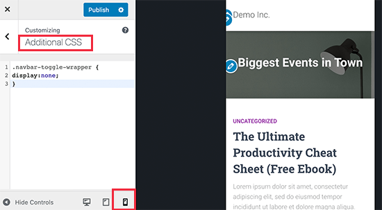 Aggiunta di CSS personalizzati per nascondere il menu completo