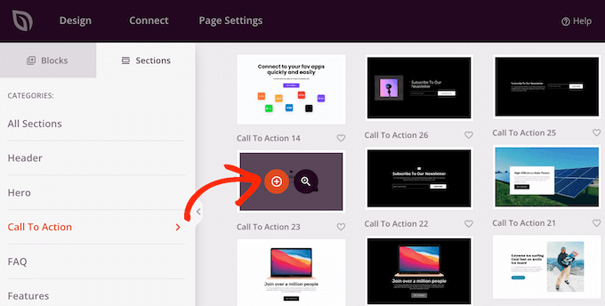 Adding ready-made sections to a landing page