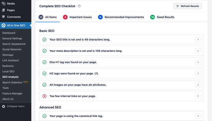 SEO audit report in AIOSEO