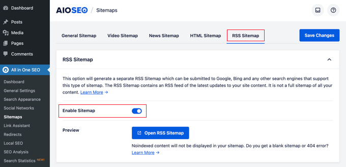 RSS Sitemap in AIOSEO