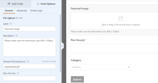 Change featured image form field settings