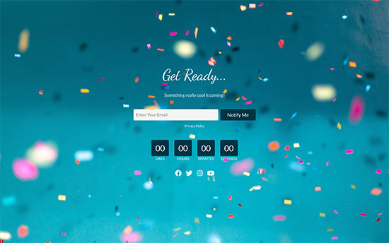 Coming soon page with fullscreen background image, lead signup form, and countdown timer