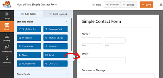 Drag and drop fields in the contact form builder