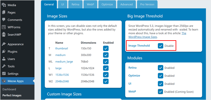 Disabling the image threshold with a plugin in WordPress