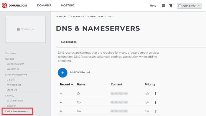 The DNS and nameserver settings on Domain.com