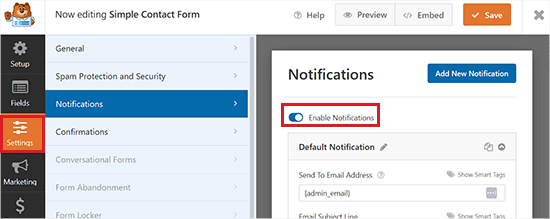 Enable the Email notification toggle