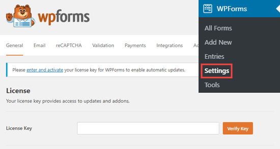 Enter WPForms license key