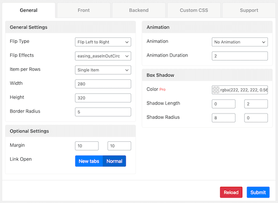 Menu delle impostazioni generali di Flipbox