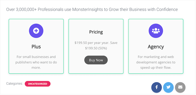 An example of a pricing page, created using flipbox animations