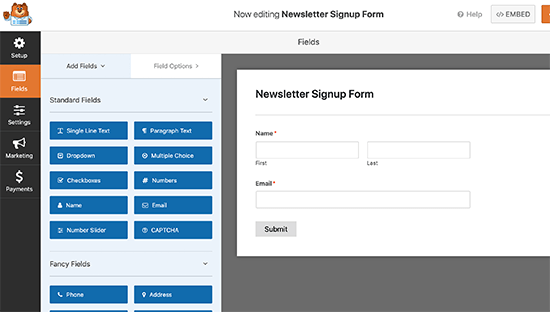 WPForms builder interface