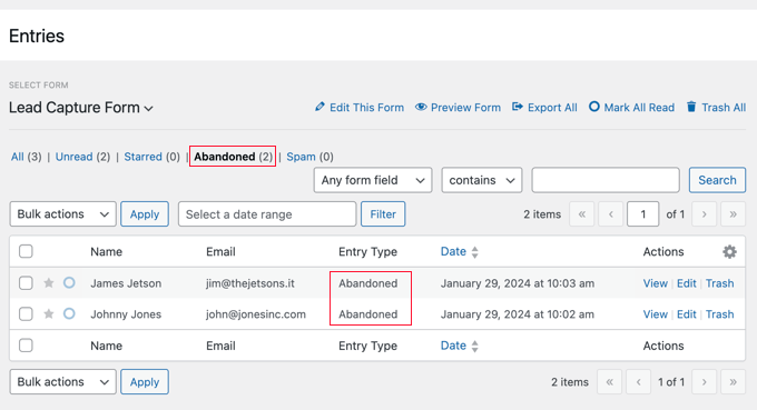 Form abandonment settings