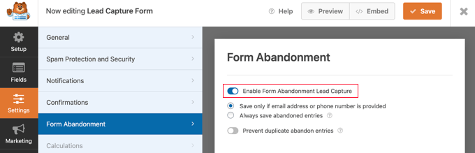 Form abandonment settings