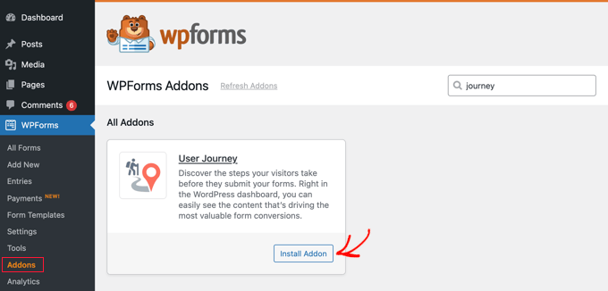 Install user journey addon in WordPress
