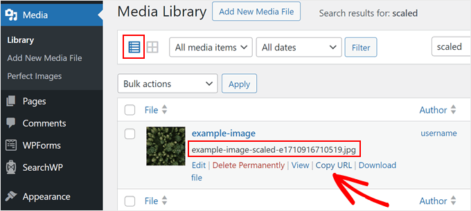 Copying the URL of an automatically scaled image in WordPress