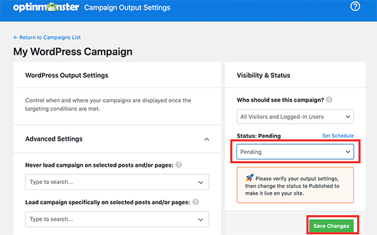 Output settings for your campaign