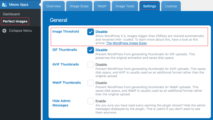 Disabling the image threshold with a plugin in WordPress