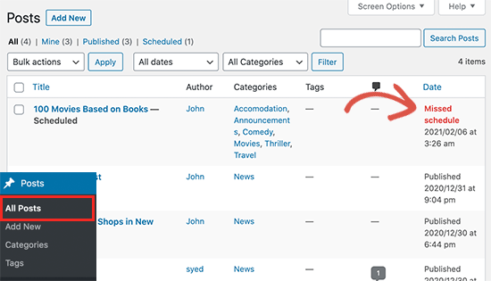 Missed schedule error for a blog post in WordPress