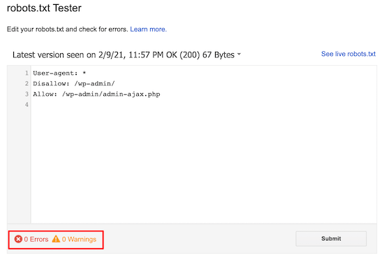 Robots.txt tester results