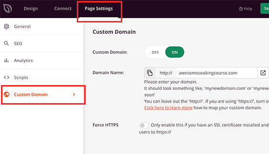 Setting custom domain for your landing page