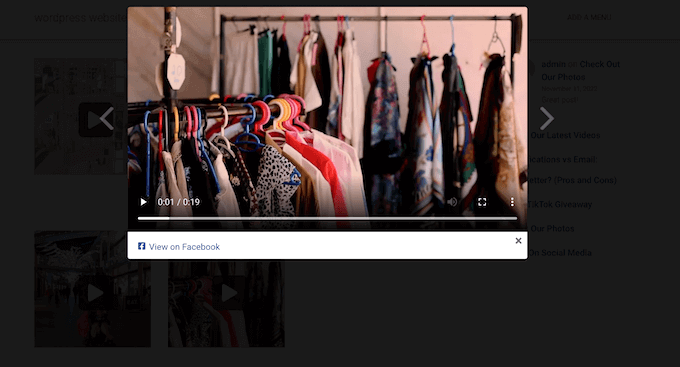 An embedded Facebook video, seen in a lightbox on a WordPress website