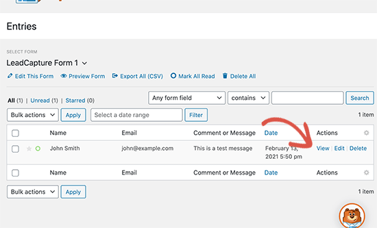 Viewing form entries in WPForms