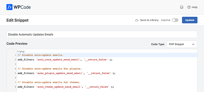 Disable Automatic Updates Emails snippet in WPCode