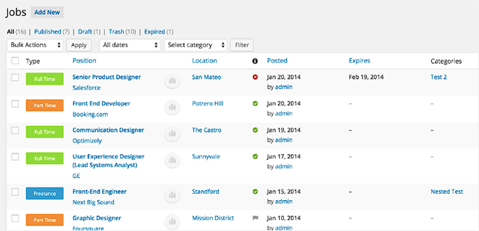 WPJobManager's listing dashboard WPJobManager's listing dashboard