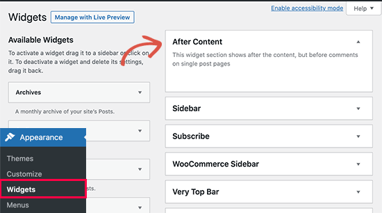 Dopo l'area dei widget dei contenuti