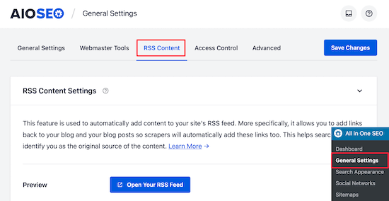 AIOSEO RSS general settings