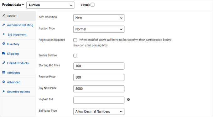 Auktionsinställningar i Auctions Made Easy för WooCommerce