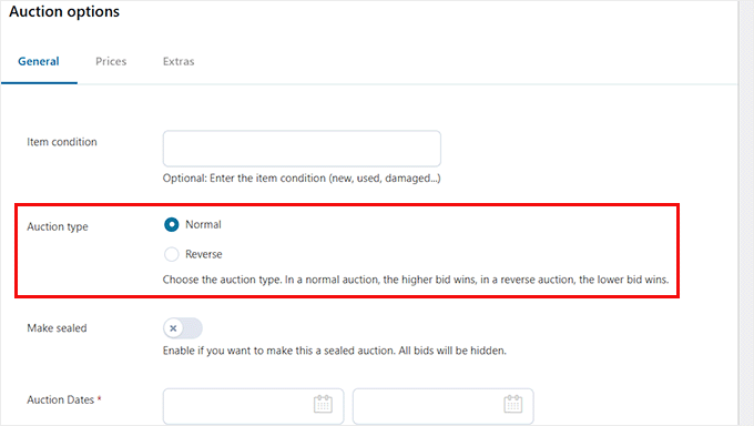 Välj auktionstyp i YITH Auctions