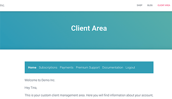 Example of a client area created in WordPress