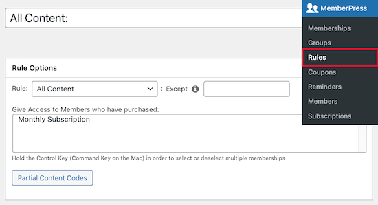 MemberPress rule settings