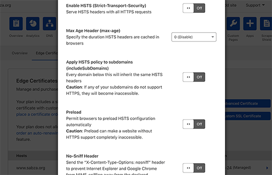 Enable HTTPS security headers in Cloudflare