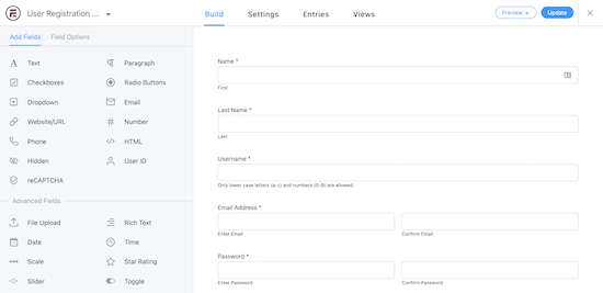 Formidable Forms user registration options