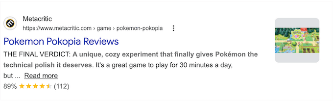 Un exemplu de recenzie de joc în rezultatele căutării