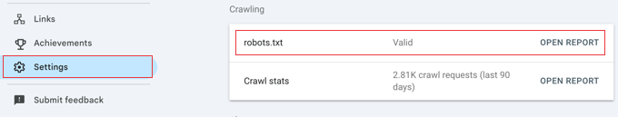Opening the robots.txt report in Google Search Console Settings