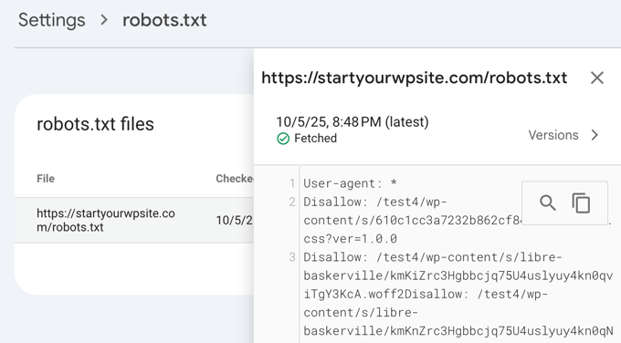 Google Search Console robots.txt report showing a valid file