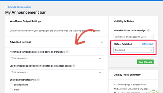 Output settings for your announcement bar