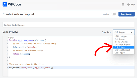 将代码粘贴到 WPCode 中并选择 PHP 片段作为代码类型