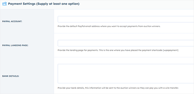 PayPal-betalningsinställningar i WP Auctions