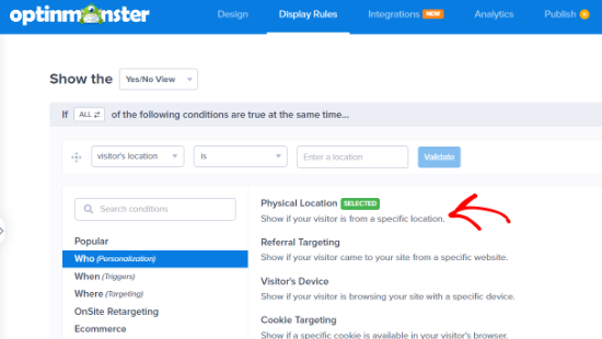 Physical location display rules