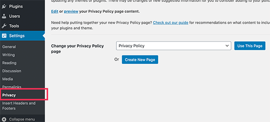 Aggiungi una pagina di informativa sulla privacy