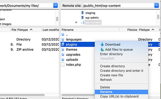 Rinominare la cartella dei plugin utilizzando FTP