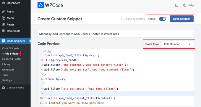 Adding the Code Snippet in WPCode
