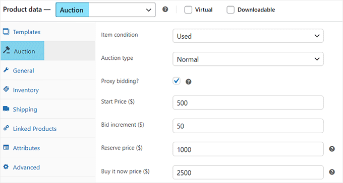 Ställ in Auktioner som produkttyp i WC Vendors
