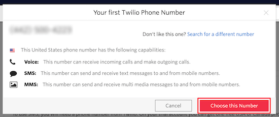 Numero di telefono di Twilio